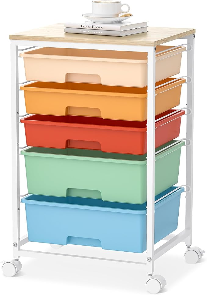 SYKIARIOL Utility Cart with 5 Drawers,Storage Cart with Wooden Tabletop and Lockable Wheels,Craft Storage Trolley Organizer,5-Tier Rolling Utility on Wheels,Macaron