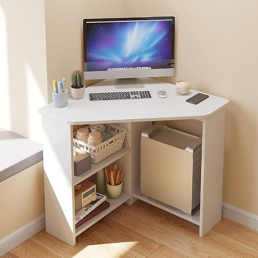 GIZNXBA Corner Desk with 3 Tier Torage Shelves, 90° Triangle Corner Table with CPU Stand for Small Space, Computer Table Makeup Vanity Desk for Home Office Bedroom (Color : /White, Size : 77cm)