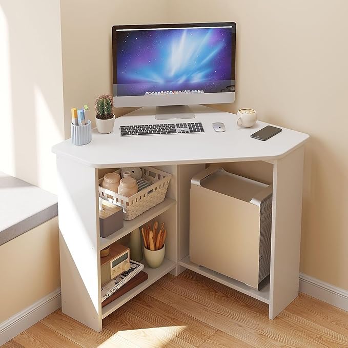 GIZNXBA Corner Desk with 3 Tier Torage Shelves, 90° Triangle Corner Table with CPU Stand for Small Space, Computer Table Makeup Vanity Desk for Home Office Bedroom (Color : /White, Size : 67cm)