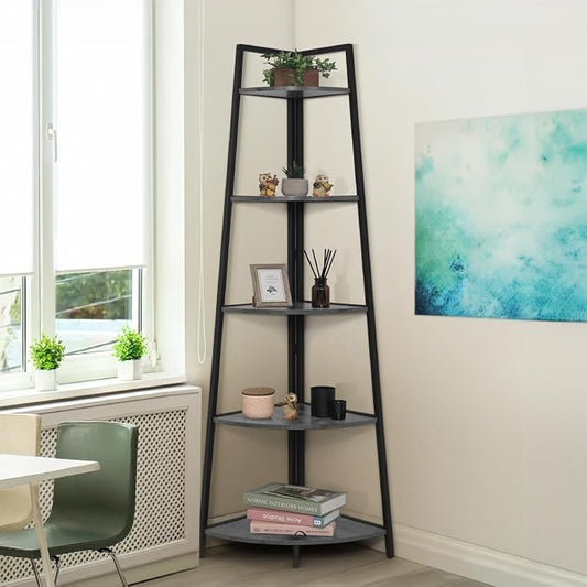 CAPHAUS Tall Corner Shelf Stand, 5-Tier Display Shelves, Ladder Corner Wood Storage Plant Bookshelf with Metal Frame, Versatile Shelving Unit Bookcase for Home Office Space, Dark Grey