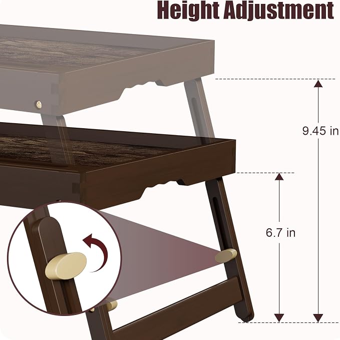 Bamboo Breakfast Tray with Telescopic Legs Tray with Foldable Legs and Removable Stand | Ergonomic Handle | Portable Bed Tray for Dining, Working, Laptop, Tablet and Phone，Vintage Walnut
