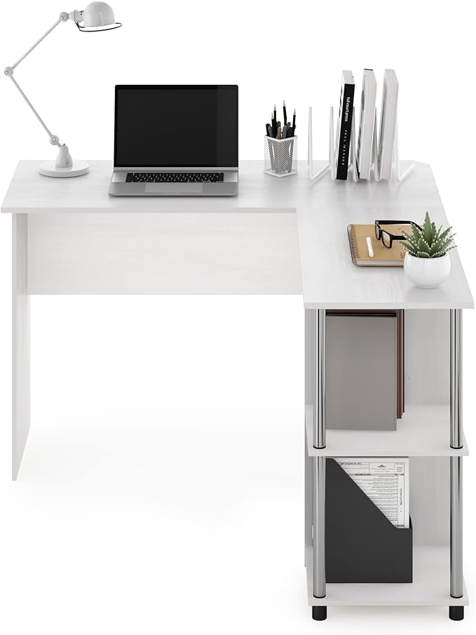 Furinno Abbott L-Shape Computer Desk with Stainless Steel Tubes Bookshelf, White Oak/Chrome