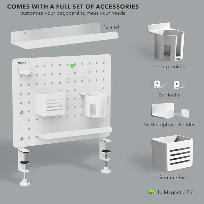 Mount-It! Clamp-On Pegboard Organizer | Adaptable Desk Storage for Home Office, Gaming & Crafting | Easily Organize Essentials with Shelf, Cup Holder & Hooks (White)