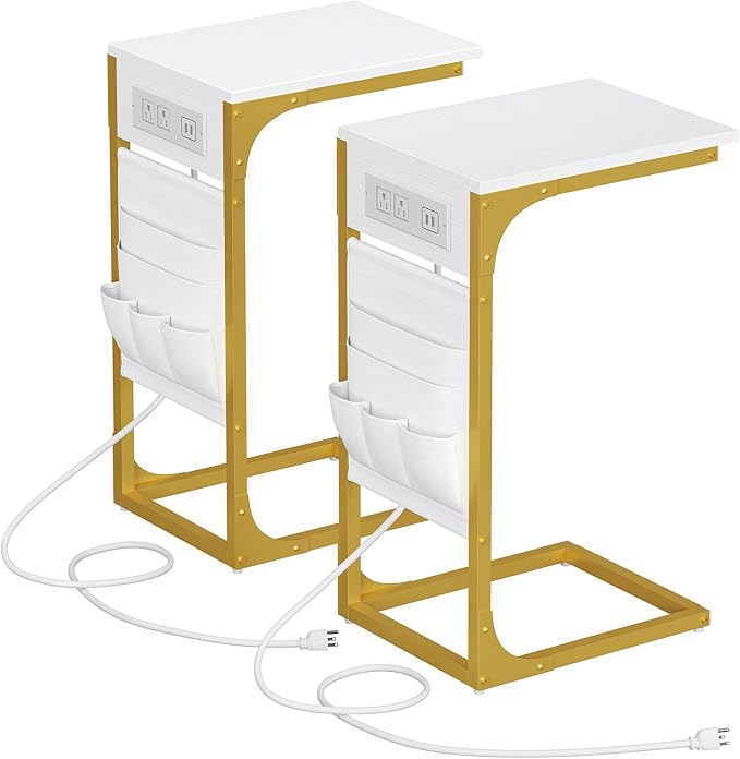 TUTOTAK C Shaped End Table with Charging Station, Side Table for Sofa, Couch Table with Storage Bag, Set of 2, TV Tray Table with 2 USB Ports and Outlets for Living Room, Bedroom, TB01BWG0242