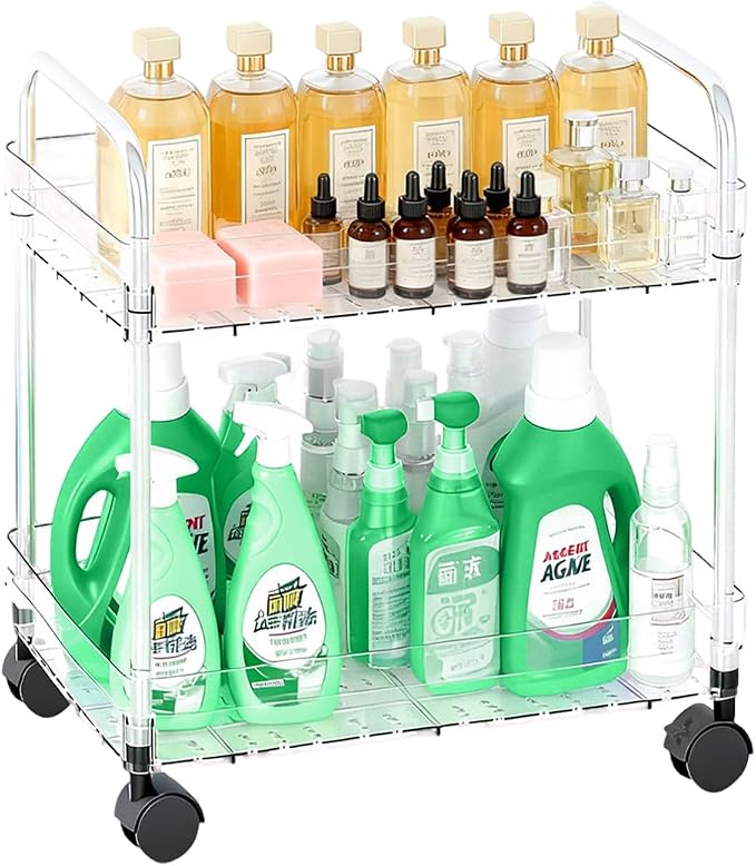 2 Tier Utility Rolling Cart with Wheels Multifunctional Storage Cart Under Desk Storage Organizer with Handle and Hooks for Home Kitchen Office Bathroom Organization Transparent