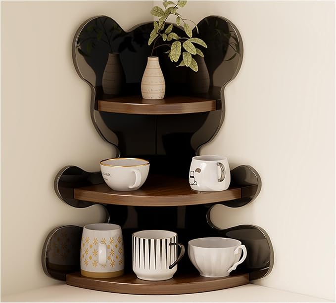 3-Tier Corner Desk Shelf, Solid Wood Desktop Organizer, Vintage Brown Corner Storage Table, Space Saving Freestanding Shelf for Bedroom, Home Office, Kitchen, Bathroom (Black,Bear)