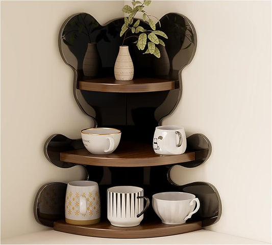 3-Tier Corner Desk Shelf, Solid Wood Desktop Organizer, Vintage Brown Corner Storage Table, Space Saving Freestanding Shelf for Bedroom, Home Office, Kitchen, Bathroom (Black,Bear)