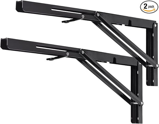 YUMORE Folding Shelf Brackets, 18 Inch Heavy Duty Collapsible Shelf Bracket, Black DIY L Bracket for Workbench Folding Table Hinge, Max Load: 330lb, 2 Pack