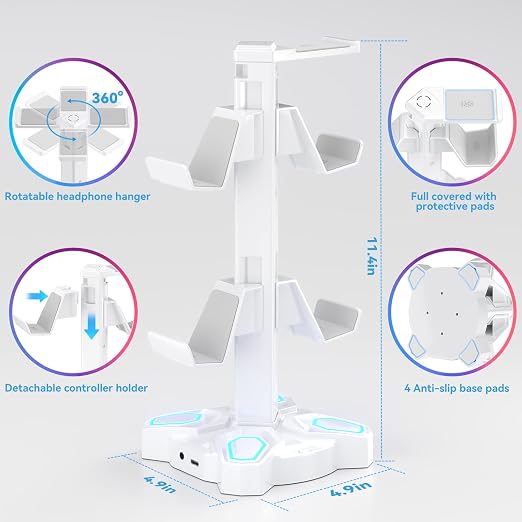 KDD Gaming Headphones Stand, Rotatable Headset Stand with Light Modes - Controller Holder with 2 USB Charging Ports and 3.5mm - Earphone Hanger Accessories for Desktop Gamer(White)