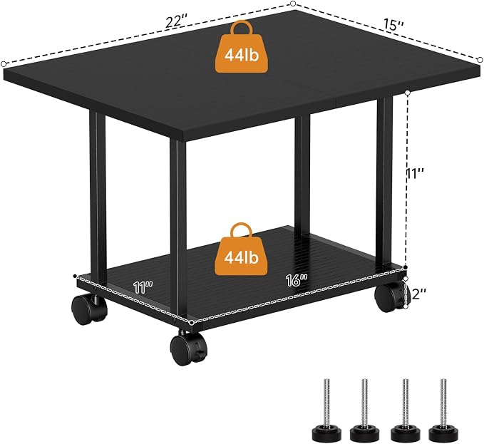 Asgolion Printer Table, 2-Tier Under Desk Printer Stand, Printer Stand with Wheels, Printer Shelf for Small Spaces, Printer Cart for Home Office Black