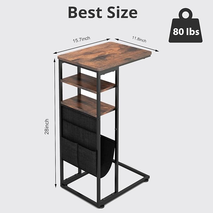 C Shaped End Table 28"(H) 3-Tier C Table with Storage Bag, Under Couch Table C-Shaped End Table with Storage Shelves and Bag for Living Room, Bedroom, or Office