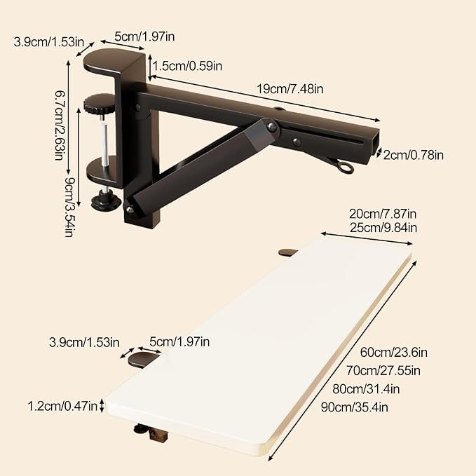 White,60 * 25,Desk Extender Tray, 35.4" x 9.8" Clamp On Desk Shelf, Wood Desk Extension, Table Desk Arm Rest, Clamp On Keyboard Tray for Office and Home, Workstation Organizer, Large