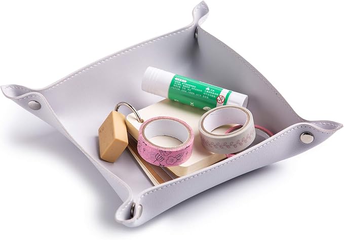 Leather Jewelry Valet Tray for Women and Man, Entryway Table Bedside Nightstand Desk Portable Small Catchall Travel Dish Plate for Key,Wallet,Watch,Coin(Grey White-B)