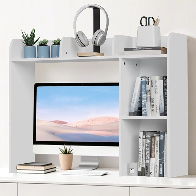 Desk Hutch Dorm White, 3-Tire Wood Desk Shelf Storage Organizer for Office Home