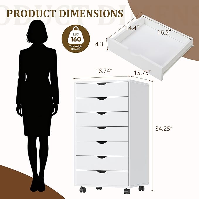 7 Drawer Mobile File Cabinet Under Desk Storage Organization with Wheels Vertical Filing Chest Rolling Wood Small Desk Printer Stand for Home Office, White