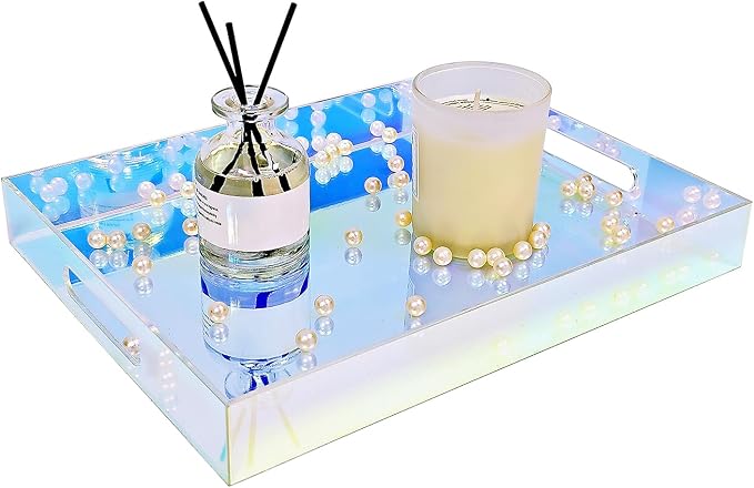 ROYALITA Iridescent Acrylic Tray with Handles, 12X9 Inch Serving Tray Spill Proof, Perfume Decorative Tray for Ottoman Coffee Table Countertop, Wedding Decor, Office Desk