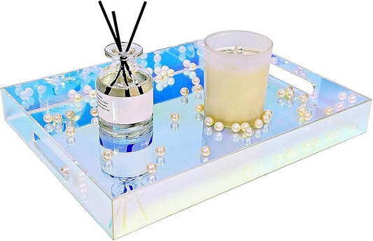 ROYALITA Iridescent Acrylic Tray with Handles, 12X9 Inch Serving Tray Spill Proof, Perfume Decorative Tray for Ottoman Coffee Table Countertop, Wedding Decor, Office Desk