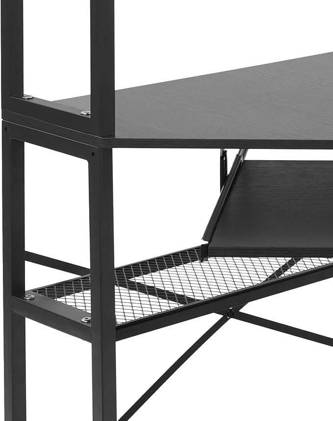 Corner Desk with Hutch, 90 Degrees Triangle Computer Desk w/Keyboard Tray & Bookshelves for Small Space Space Saving Writing Desk w/Storage Shelves for Bedroom Apartment (Black)