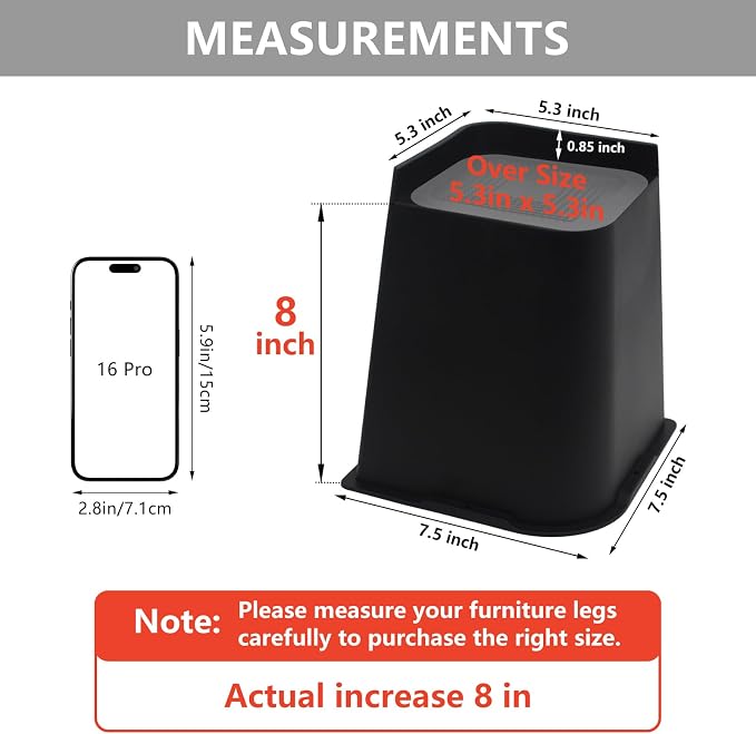 Bed Risers 8 inch Heavy Duty Black, 8 Pack Oversized Furniture Risers, Bed Lifts Risers for Table, Chair, Couch, Desk, Bed Frame Risers Supports Up to 6,500 Lbs