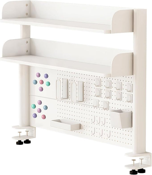 Clamp On Desk Organizer Shelf,White Desk Extender Pegboard Workstation,Computer Desk Accessories for Office, Desktop Shelving System,Desktop Bookshelf Storage Shelves for Desk,23.6in