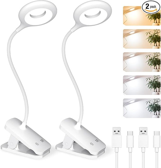 CUHIOY 2Pack Clip on Reading Light, 5 Colors 5 Brightness Bed Light for Headboard, Battery Rechargeable Flexible Arm Table Lamp with Clamp, Eye Protect LED Book Light at Night for Crafting（White）