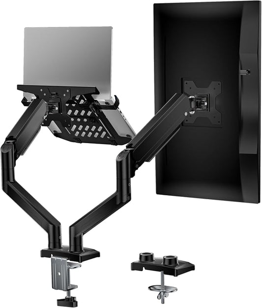 WALI Laptop Desk Mount, Dual Monitor Arm with Laptop Holder, Adjustable Height Laptop Arm Mount for Desk, Fits 17” Notebook and 32” Monitors, Up to 22Lbs (GSMP002LP), Black