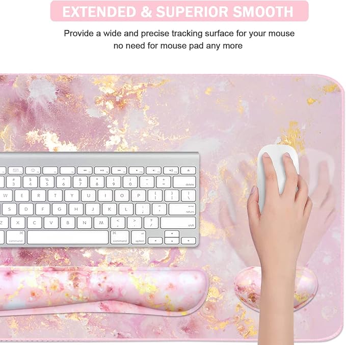 Keyboard Mouse Pad Set, Extended Mouse Pad+Keyboard Wrist Rest Support, Memory Foam Ergonomic Easy Typing, 3Pcs (35.4×15.7 in) Desk Pad Set for Home Office Study Game- Pink Gold Marble