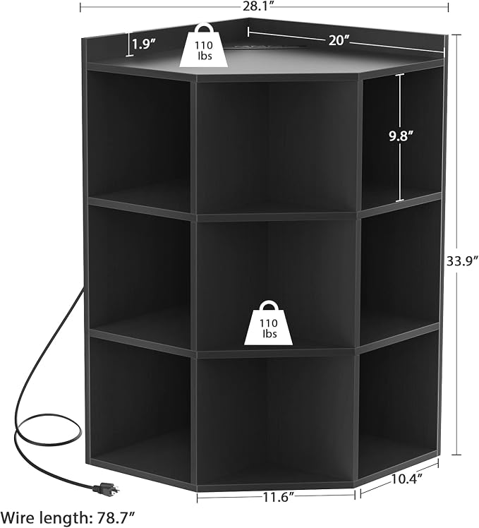 Aheaplus Corner Cube Book Shelf, 4-Tier Corner Cabinet with Power Outlets, Corner Cube Storage Shelf with Top Table, Wooden L Shaped Cubby Bookcase for Home Office, Bedroom, Living Room, Black