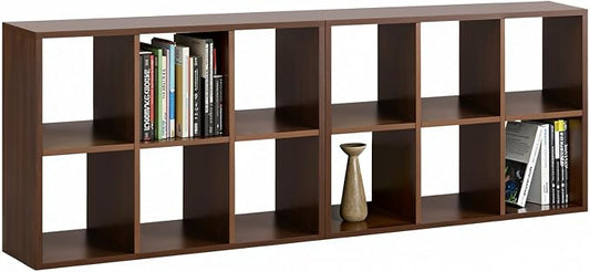 IRONMIX Metal 6 Cube Storage Organizer, Modern Short Bookshelf, 2 Tier Horizontal Bookshelf Cube Shelf, TV Stand with Storage, Cabinet Display Case for Home Office Library (Dark Wooden, 1037-2 Set)