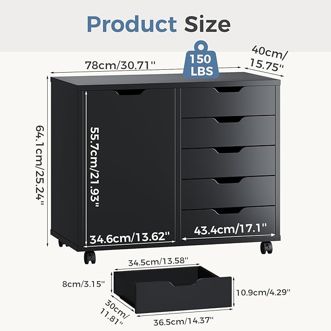 DUMOS 5-Drawer Office Storage File Cabinet Organizer with Wheels, Black | Under Desk Cabinets with Shelves and Door Printer Stand with Wood Board Metal Frame for Home Office Storage Craft Room