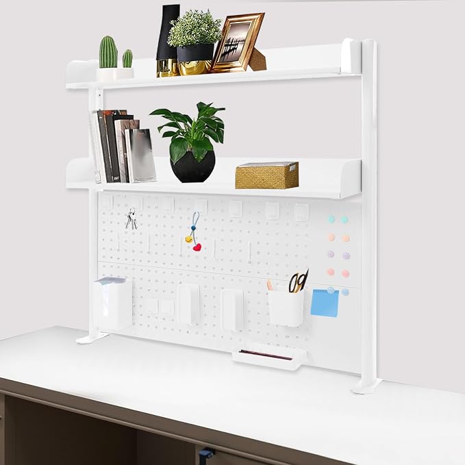 Clamp-On Pegboard Desk Organizer, 2-Tier Clamp On Desk Shelf with Hooks, Office Accessory Organizer for Books, Office Supplies & DIY Storage, 16.5lbs Capacity, 39.37" x 37.4", White