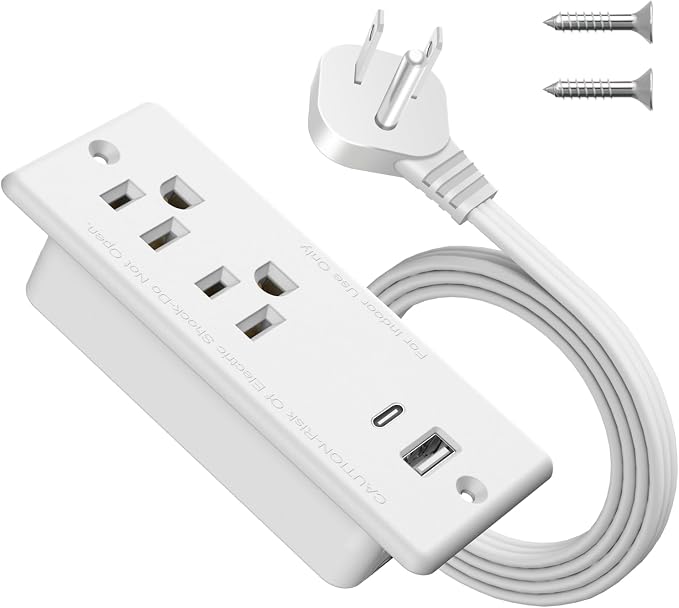 Recessed Power Strip USB C 20W,Flat Plug Ultra Thin Extension Cord,Furniture Desktop Charging Station for Side Table,End Table,Flush-Mount Desk Outlet Power Grommet,10ft Cord (White)