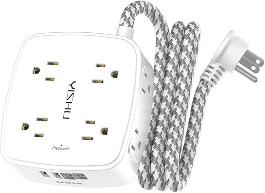 Surge Protector Power Strip - YISHU 8 Outlets with 4 USB (2 USB C) Charging Ports, 5Ft Braided Extension Cord, Flat Plug Multi Plug Outlet Extender Charging Station for Home Office, ETL, White