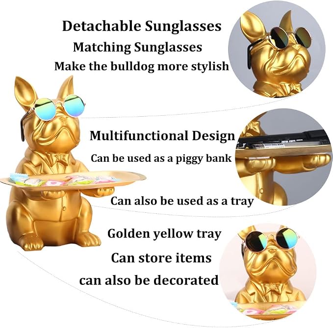 QIANLING Modern Decor Resin Gold Bulldog Tray Statue Tray Storage Key Holder Candy Jewelry Earrings Tray Suitable for Home Decor Modern Art Dining Table Decor Office Small Object Tray (Golden Yellow)