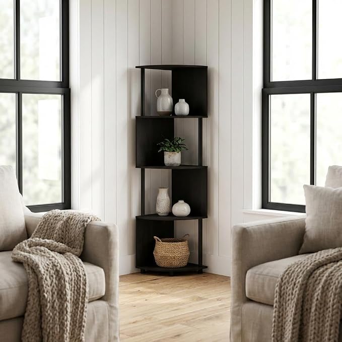Furnifact Espresso Black 4-Tier Zigzag Corner Shelf Bookcase, Space-Saving Design, Wooden Construction, Modern Style for Living Room, Office