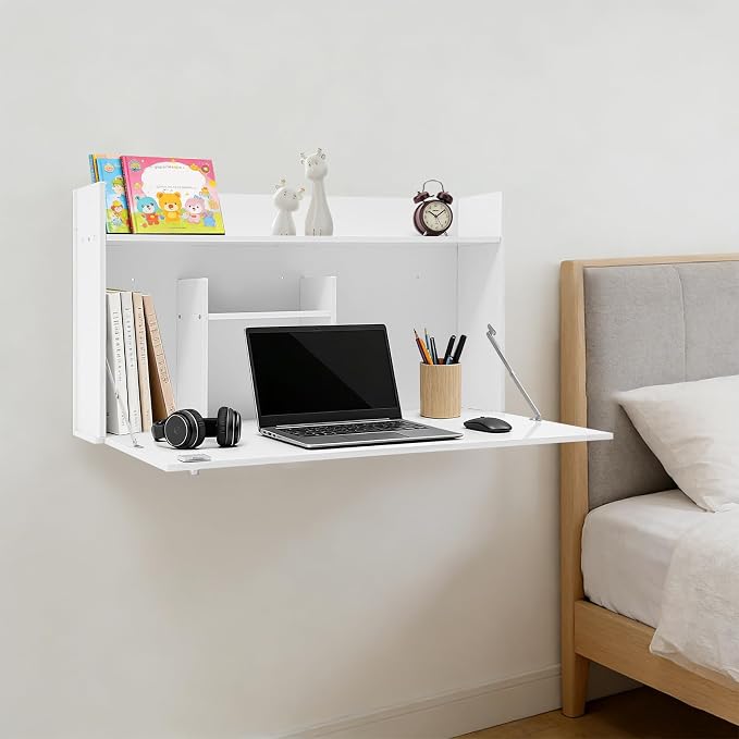 Wall-Mounted Foldable Desk Cabinet with Storage Drawers, Space-Saving White PVC Organizer for Home Office, Study Room, Bedroom, Small Apartment & Remote Work
