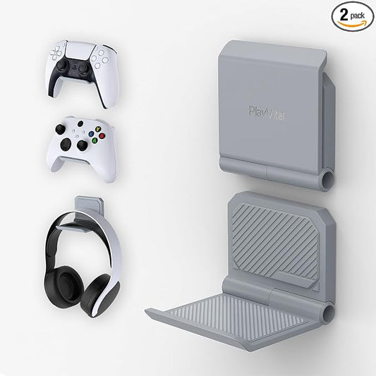 playvital FOLD Controller Holder Wall for ps5 ps4 Xbox Switch 2 Pro Headset, 2 Pack Universal Organizer Gaming Controller Stand Headphone Mount - Foldable Anti-Slip Adhesive Removable, New Hope Gray