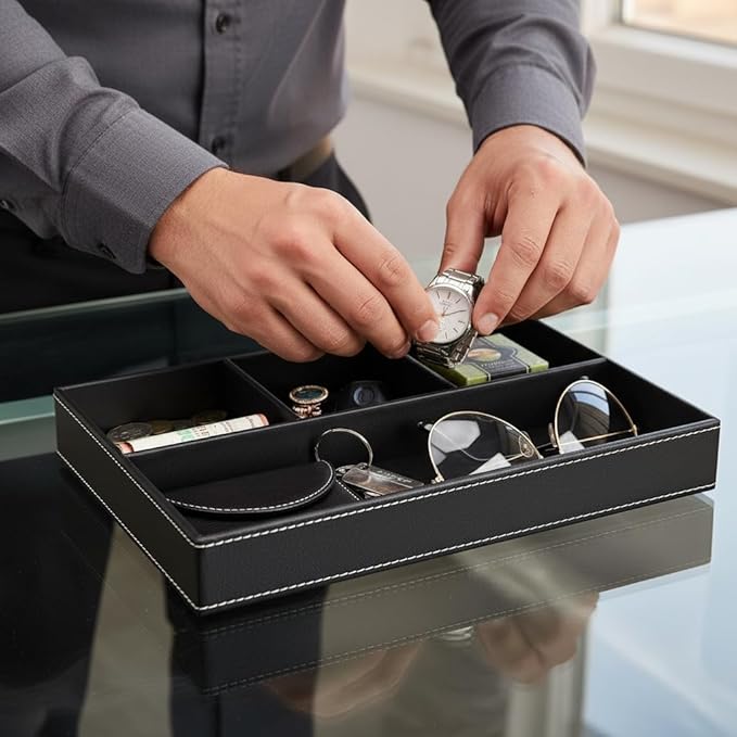 Leather Valet Tray Organizer, Stackable Nightstand & Dresser Storage Tray, Entryway Desk Catchall Tray for Keys Wallet Watch Phone, Bedside Desktop PU Leather Drawer Caddy Tray - Black