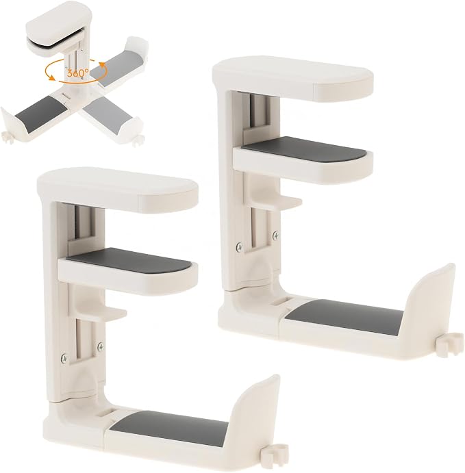 2pcs Under Desk Headphone Hanger Holder Utility Hook 360° Rotating Adjustable Clamp-on Earphone Hook Holder Mount Cable Clip Organizer Fit for PC Gaming Office Headset Hanger Gift (White)