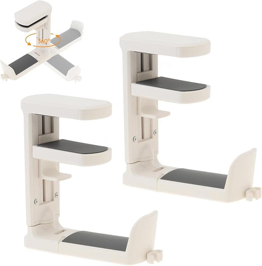 2pcs Under Desk Headphone Hanger Holder Utility Hook 360° Rotating Adjustable Clamp-on Earphone Hook Holder Mount Cable Clip Organizer Fit for PC Gaming Office Headset Hanger Gift (White)