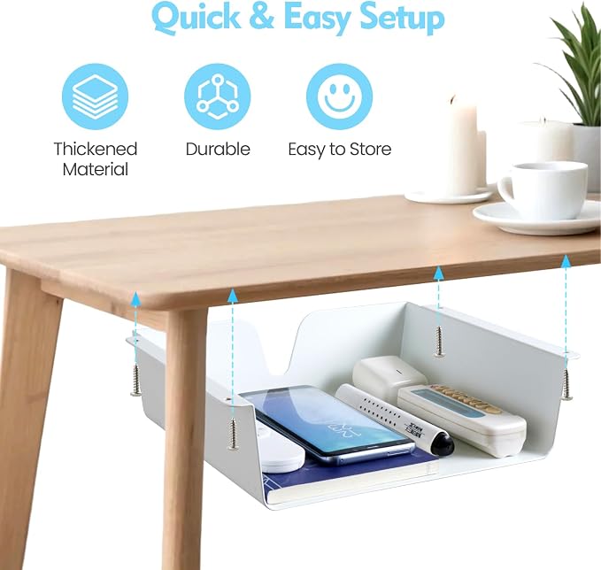 KHAMAL Under Desk Storage Shelf 2 Pack - Under Desk Drawer with Built in Cable Management for Home, Office, Gaming Setups, Kitchen (White)