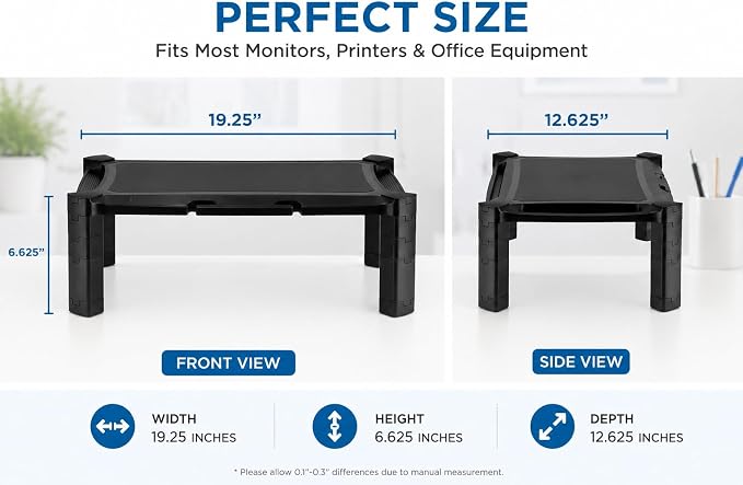 Mount-It! Monitor Stand Riser with Storage, Height Adjustable Desk Shelf for Monitor & Printer, Large 19" Platform, Fits 13–32" Screens up to 22 lbs, Desk Organizer, Black