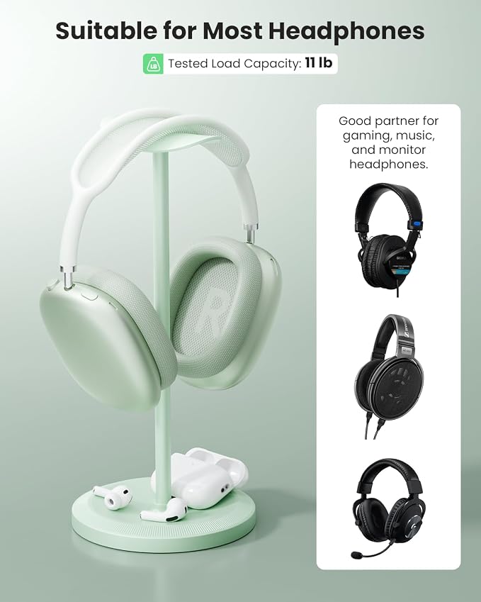 Headphone Stand, Desktop Headset Holder, Green | Earphone Stand, Gaming Headphone Hanger, Enlarged Headrest Heavy Base, Office Desk Accessories for All Headphones Size