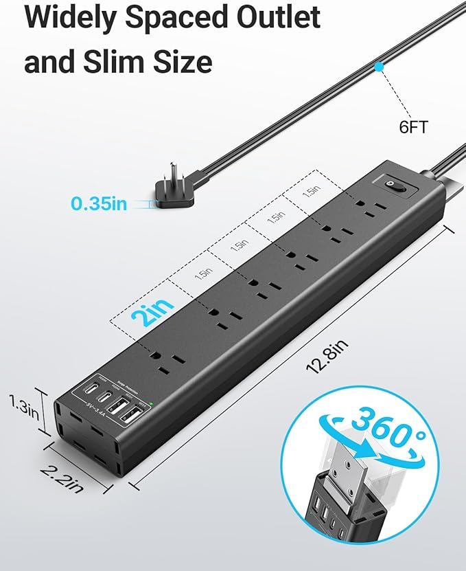 360° Mountable Surge Protector Power Strip with 4 USB Ports (2 USB C), 6 FT Electrical Outlet & Flat Plug Extension Cord for Under Desk, Wall, or Corner Mount