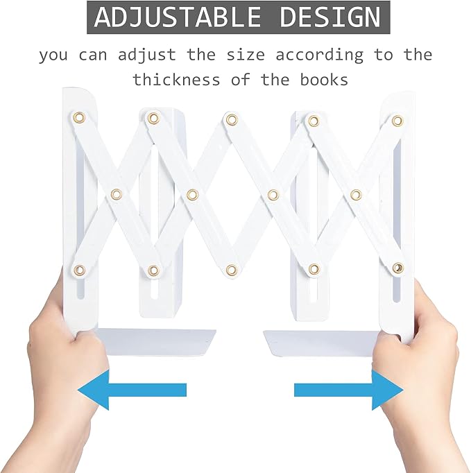 Aobopar Adjustable Book Ends, Metal Bookends for Heavy Books, Desk Book Holder for Shelves, Book Organizer for Desk, Suitable for Office, Home and School Use (White)