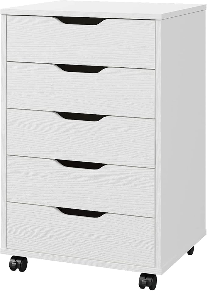 Panana 5/7 Drawer Mobile File Cabinet, Wooden Under Desk Storage with Wheels Office Organization Vertical Filing Chest of Drawers for Home Office (White, 5 Drawer)