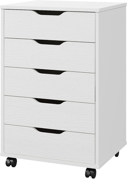 Panana 5/7 Drawer Mobile File Cabinet, Wooden Under Desk Storage with Wheels Office Organization Vertical Filing Chest of Drawers for Home Office (White, 5 Drawer)