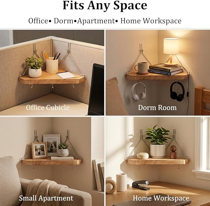 Fabric Wall Cubicle Corner Shelf with Hooks, Wooden Triangular Cubicle Organizer Storage Shelf, Partition Shelf with Hangers for Office Dorm Apartment