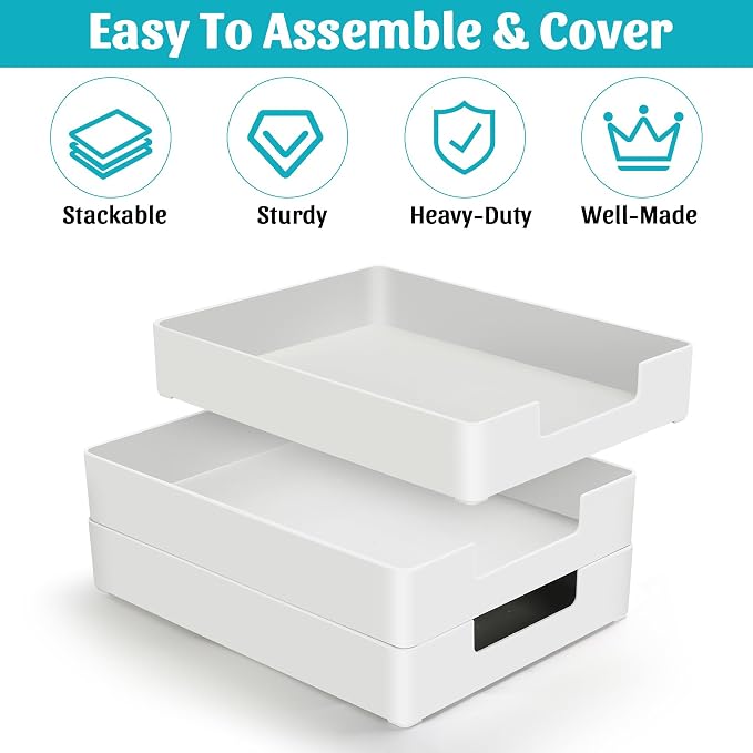 Letter-Size Tray Desk Letter Tray Paper Tray, Sturdy Heavy-Duty Plastic Printer Paper Tray, Single-Tier Stackable File Storage Organizer for Office Home (White ×2)