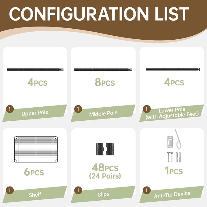 Golpart 6 Tier Shelf Adjustable Storage Mesh Gaps Metal Utility Shelves Wire Shelving Unit Organizer Rack for Home Kitchen Office Bathroom Pantry Room10 D x 16" W x 60" H Black